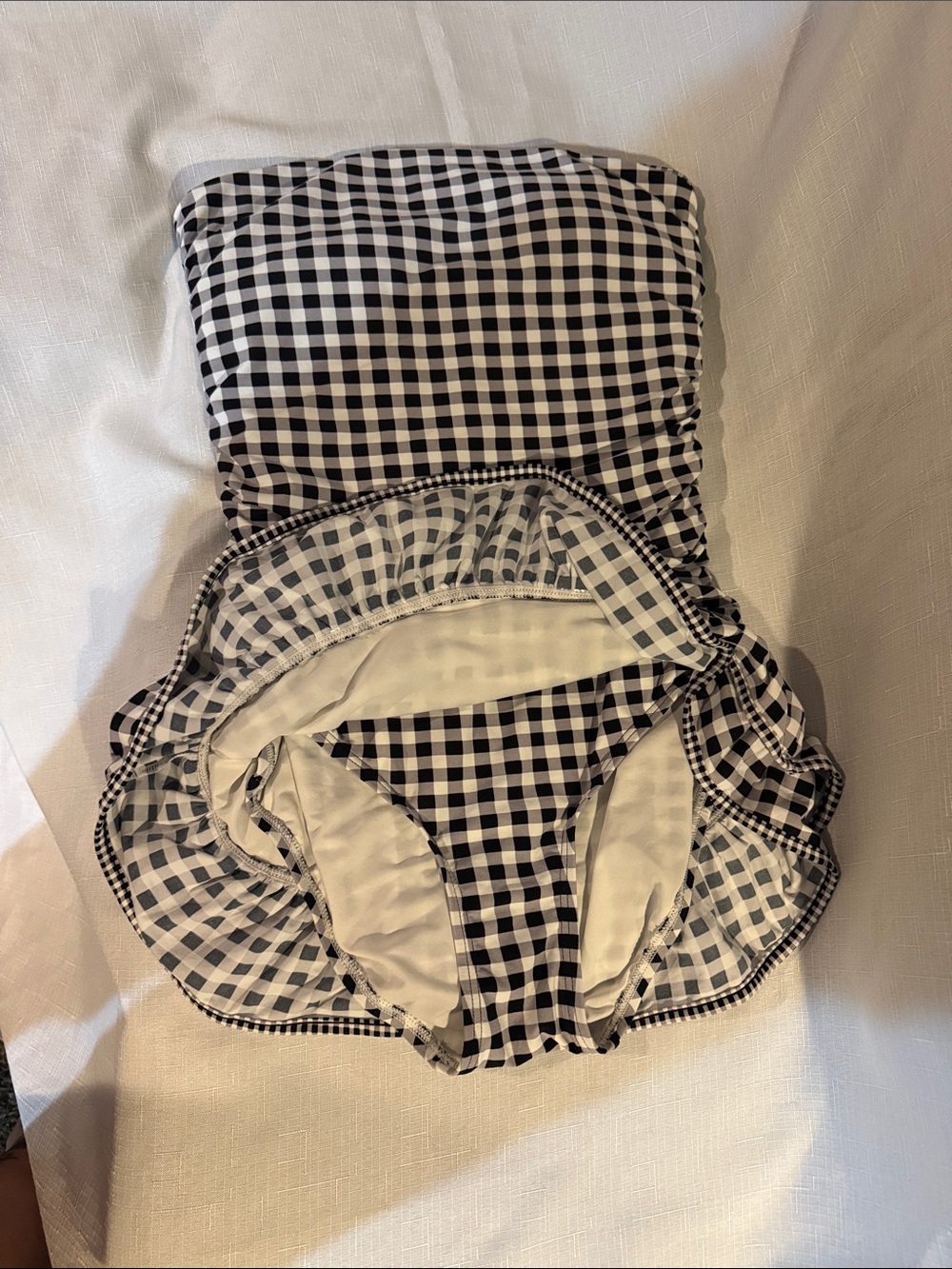 Strapless Black & White Gingham Ruffle One-Piece Swimsuit - Picture 7 of 8